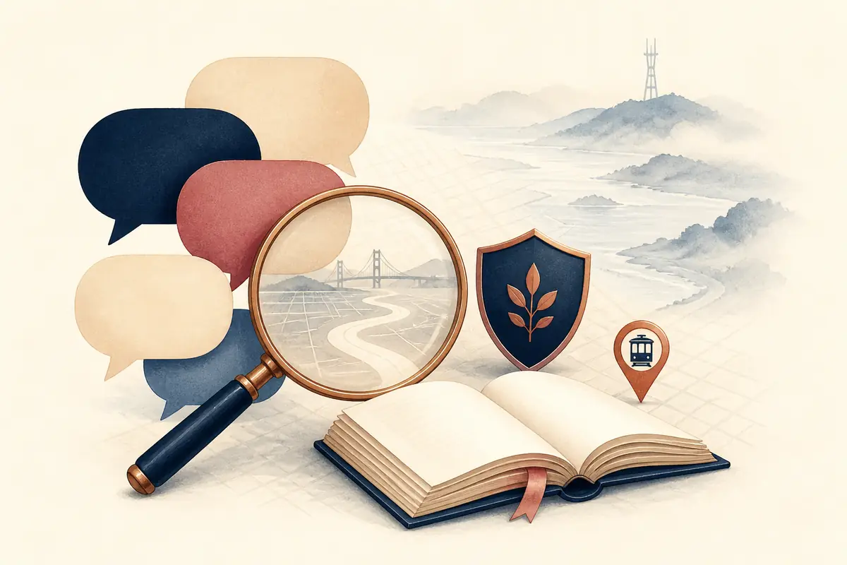 Conversation bubbles, a magnifying glass, privacy shield, transit marker, and a San Francisco guidebook illustrating researched questions